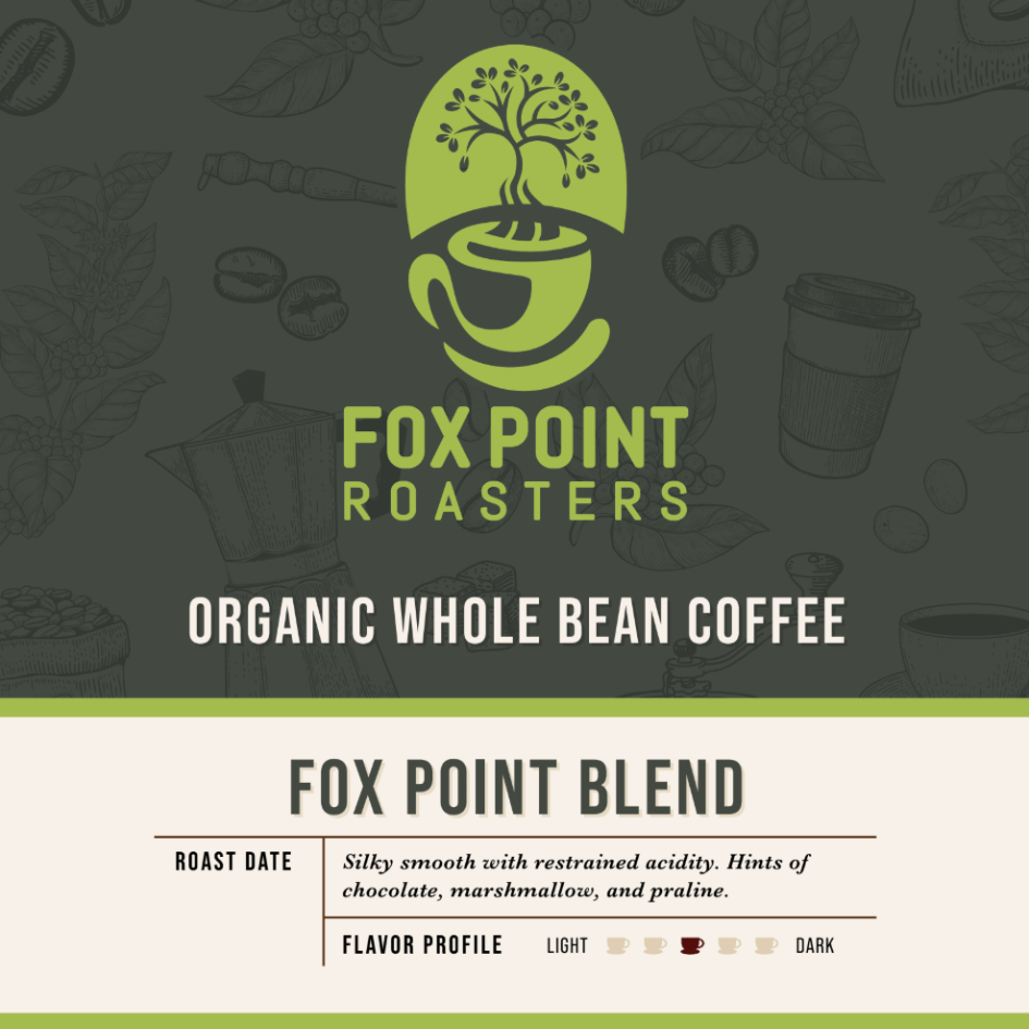 Fox Point Roasters organic whole bean coffee packaging